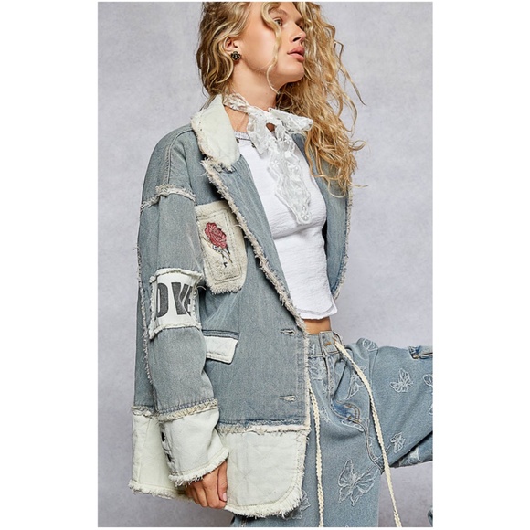 POL Light Wash Print Studded Heart Patch Button Down Frayed Denim Jacket - Picture 6 of 8